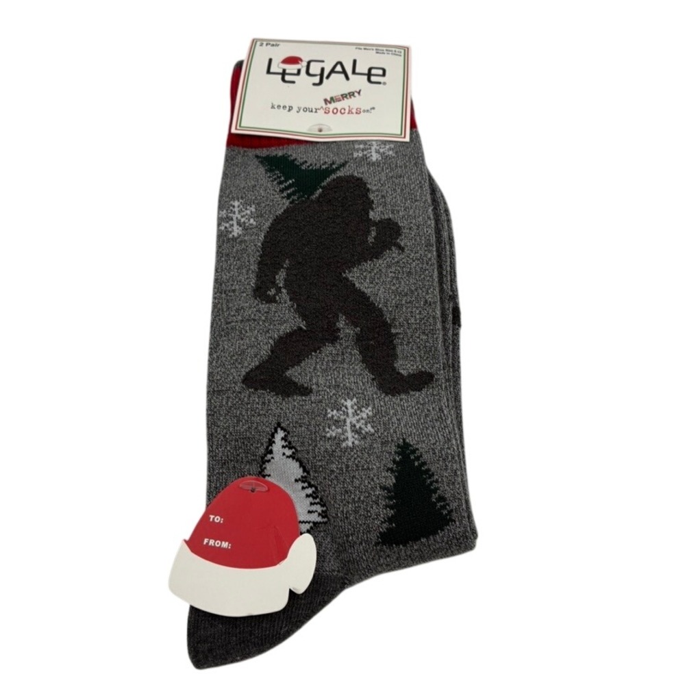 New Legale Men's Bigfoot Christmas Socks 2 Pair Pack Gray Black Holiday Sz 8-12